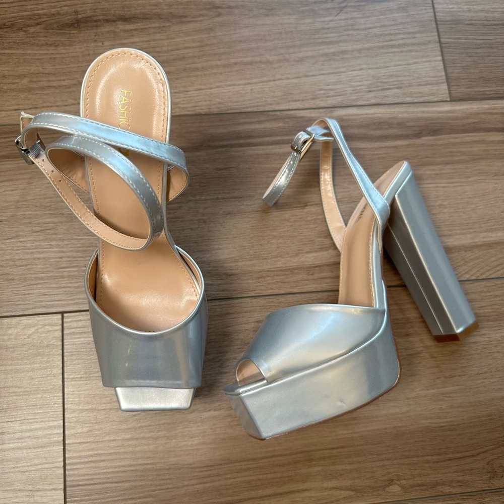 Fashion Nova Silver Platform Block Heel Sandals with Ankle Strap - Picture 7 of 11